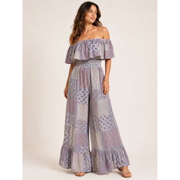 ILLA ILLA Pants - ILLA ILLA Patchwork Jumpsuit Womens L Blue Boho Off Shoulder Wide Leg Rayon